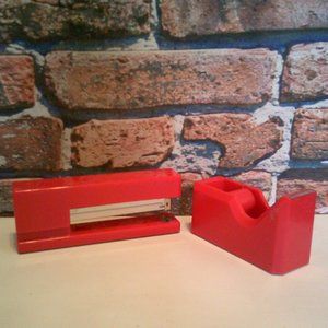 Red Desk Organizer Set Tape Dispenser & Stapler